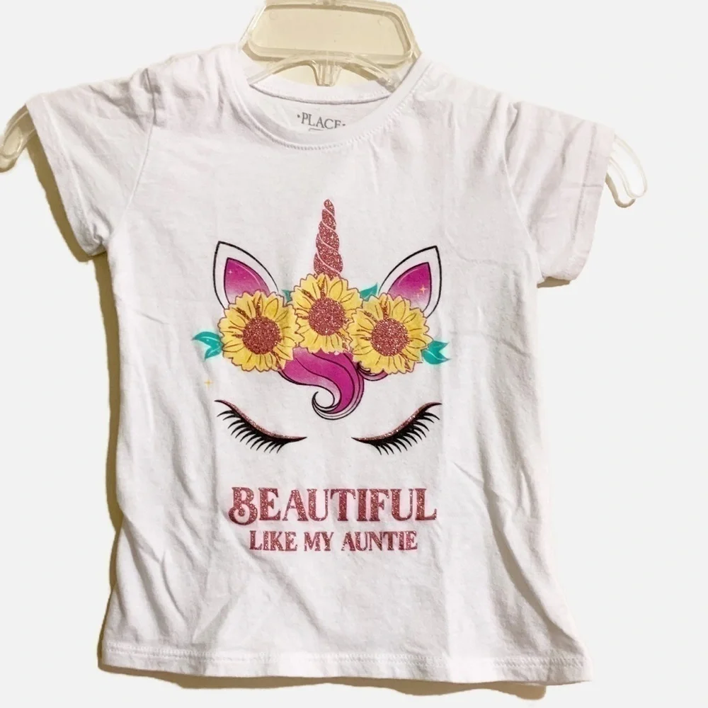 The Children’s Place “Beautiful like my Auntie” Neon Unicorn Tee. Size 5/6.